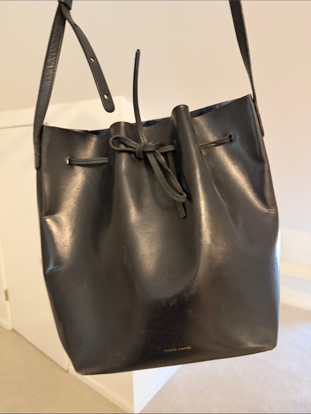 Mansur Gavriel Black Leather Drawstring Shoulder Bucket Bag
